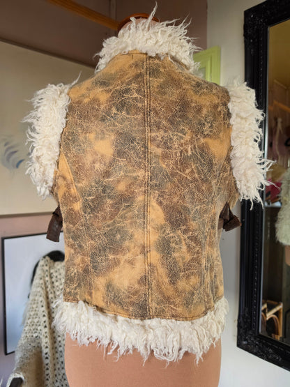 Vintage circa Y2K SOGGO Bohemian Shaggy Gilet Vest with Sequin & Beaded Applique - size 6-8