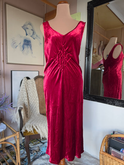 Vintage 1990s Holic Sleeveless Ruby Red Silk Velvet Grunge Midi Dress - size 8-10