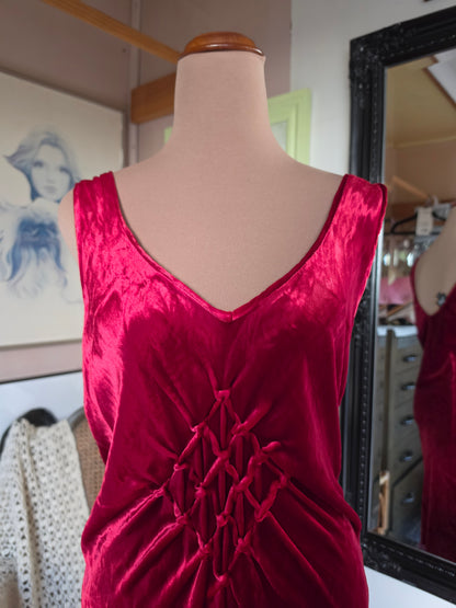 Vintage 1990s Holic Sleeveless Ruby Red Silk Velvet Grunge Midi Dress - size 8-10