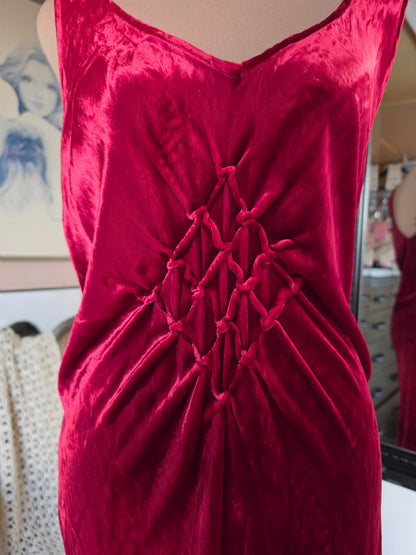 Vintage 1990s Holic Sleeveless Ruby Red Silk Velvet Grunge Midi Dress - size 8-10