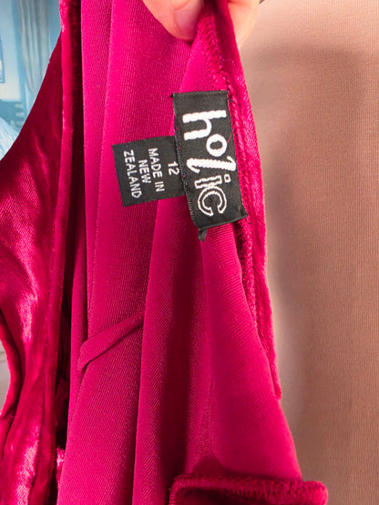 Vintage 1990s Holic Sleeveless Ruby Red Silk Velvet Grunge Midi Dress - size 8-10
