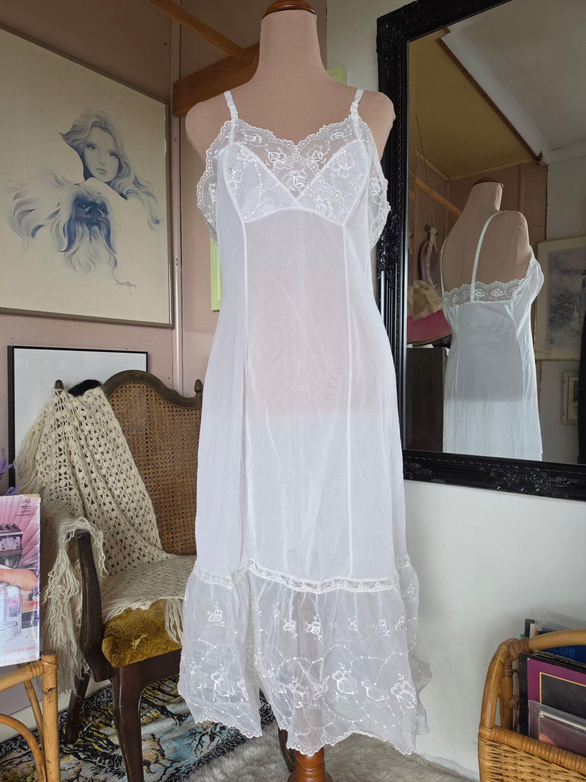 Vintage 1960s Mimosa Lingerie Romantic Coquette Cream Floral Lace Nightie - 8-10