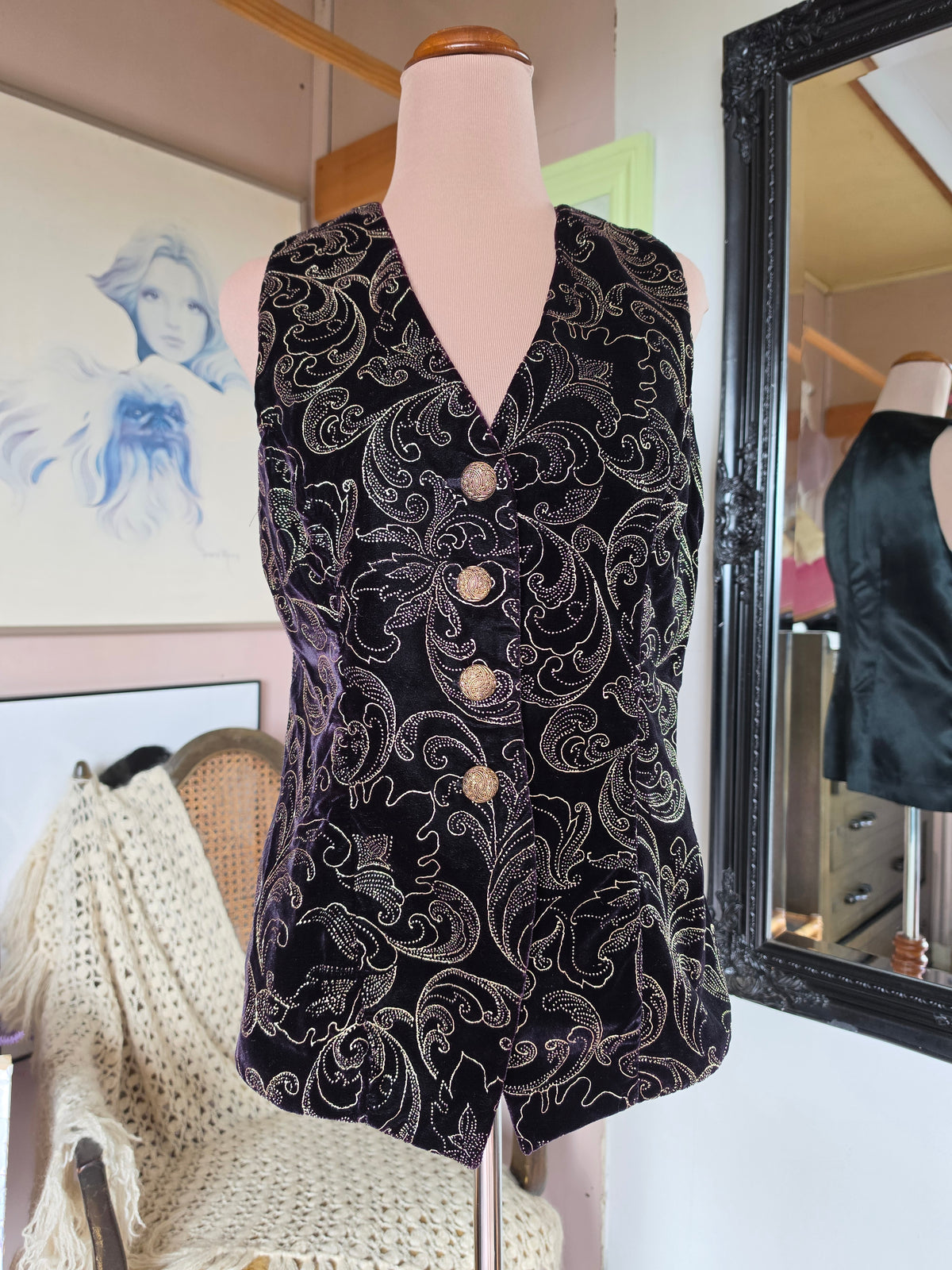 Vintage 1980s Paulls Dark Plum and Gold Brocade Vest - size 8-10