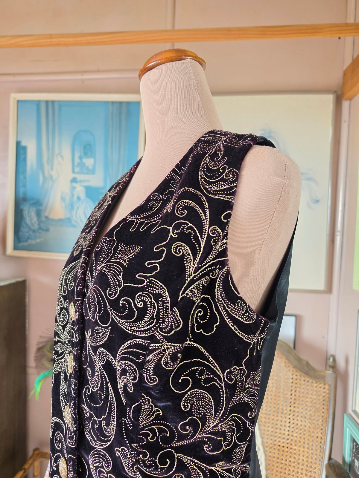 Vintage 1980s Paulls Dark Plum and Gold Brocade Vest - size 8-10
