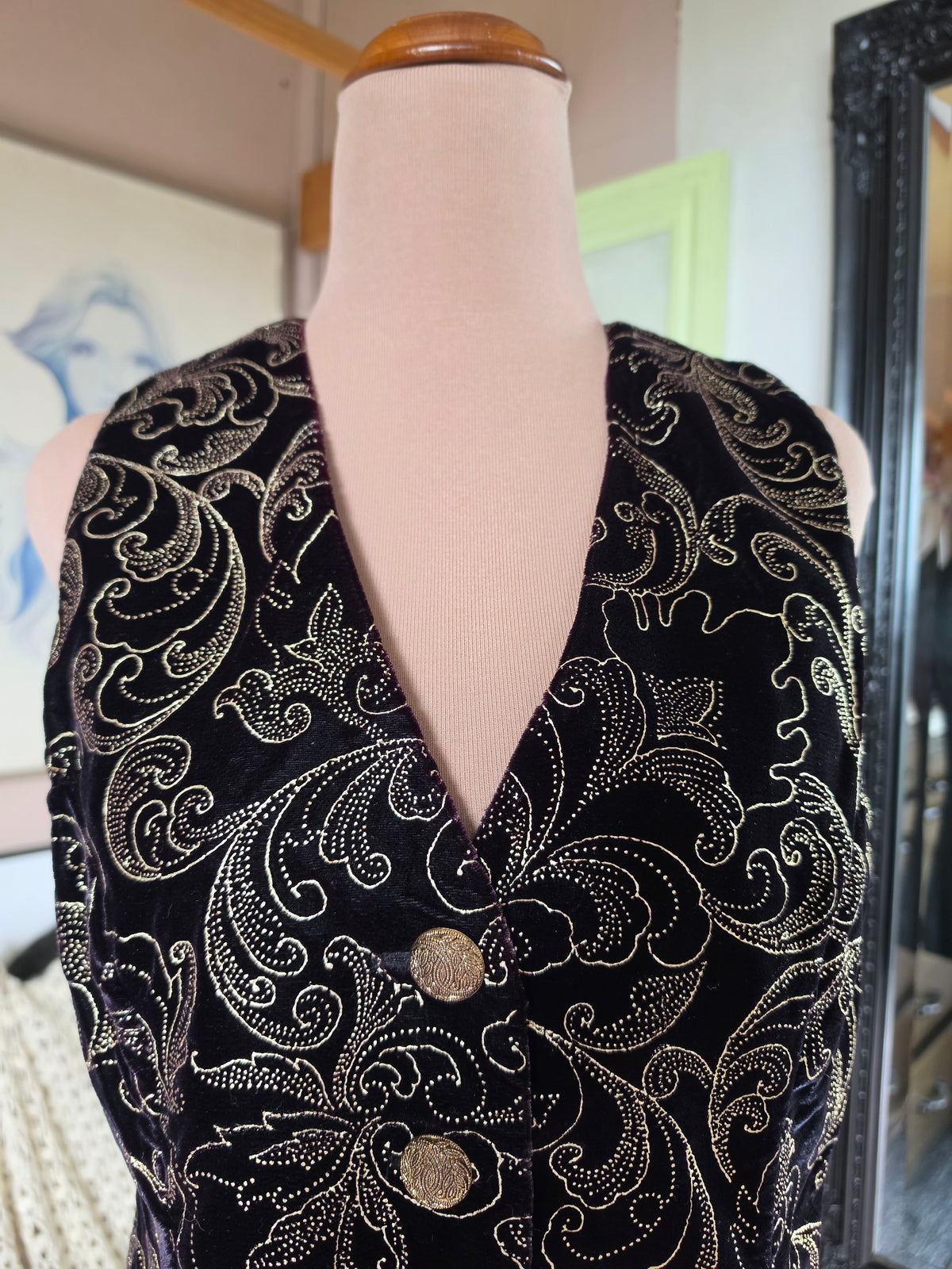 Vintage 1980s Paulls Dark Plum and Gold Brocade Vest - size 8-10