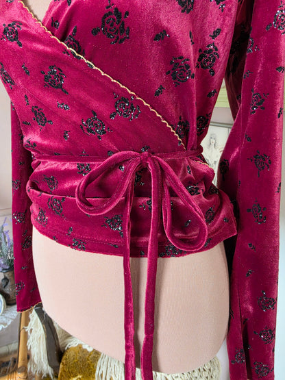 Vintage 1990s Calabaza Rose Shimmer Long Sleeve  Wrap Top - size 8