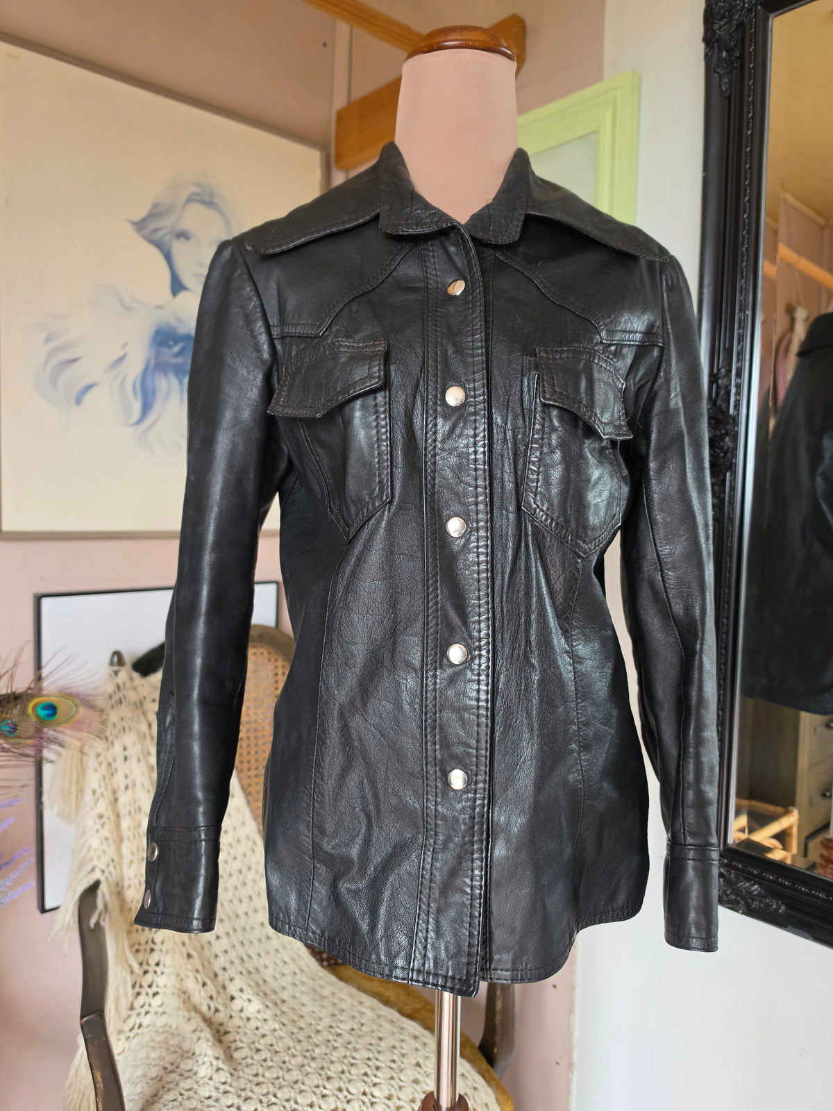 Vintage 1970s Free Line Black Leather Dome Jacket - size 8-10