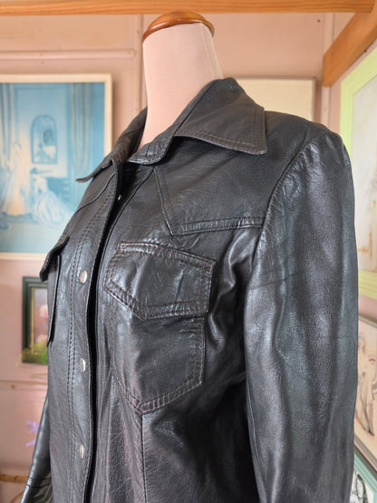 Vintage 1970s Free Line Black Leather Dome Jacket - size 8-10