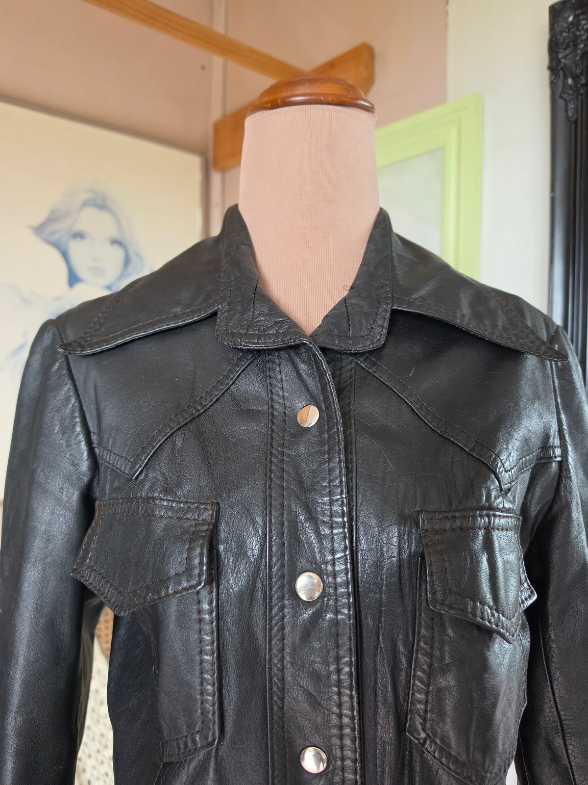 Vintage 1970s Free Line Black Leather Dome Jacket - size 8-10