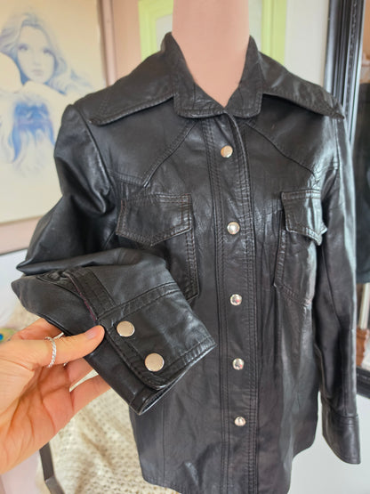 Vintage 1970s Free Line Black Leather Dome Jacket - size 8-10