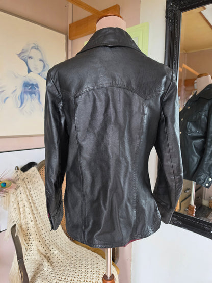 Vintage 1970s Free Line Black Leather Dome Jacket - size 8-10