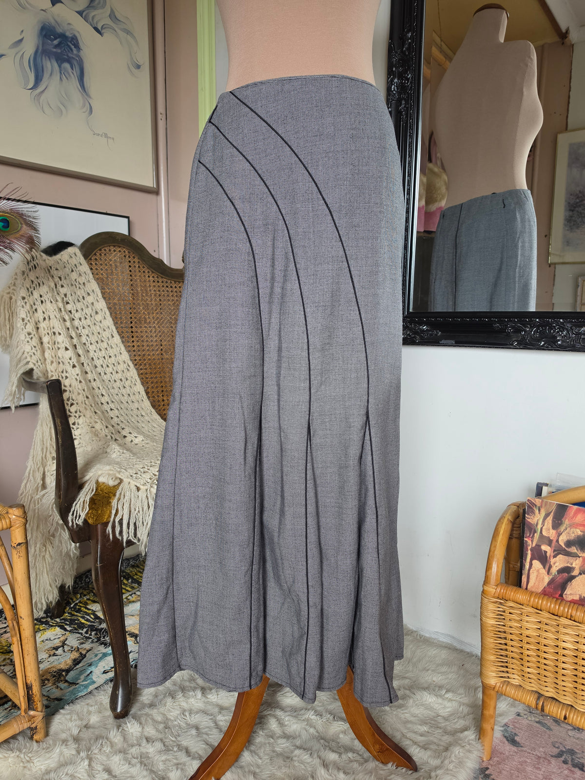 Vintage Y2K Staxs Drop Waist Pleated Midi Skirt with Asymmetrical Piping - size 8