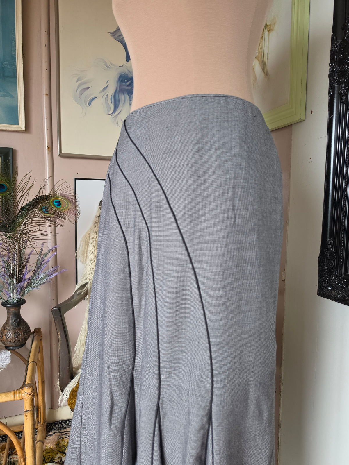 Vintage Y2K Staxs Drop Waist Pleated Midi Skirt with Asymmetrical Piping - size 8
