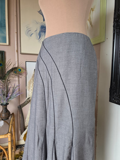 Vintage Y2K Staxs Drop Waist Pleated Midi Skirt with Asymmetrical Piping - size 8