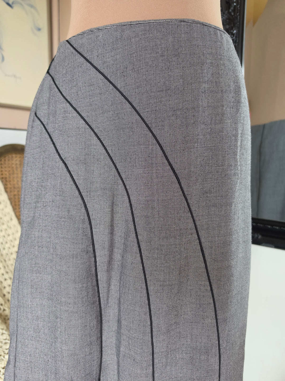 Vintage Y2K Staxs Drop Waist Pleated Midi Skirt with Asymmetrical Piping - size 8