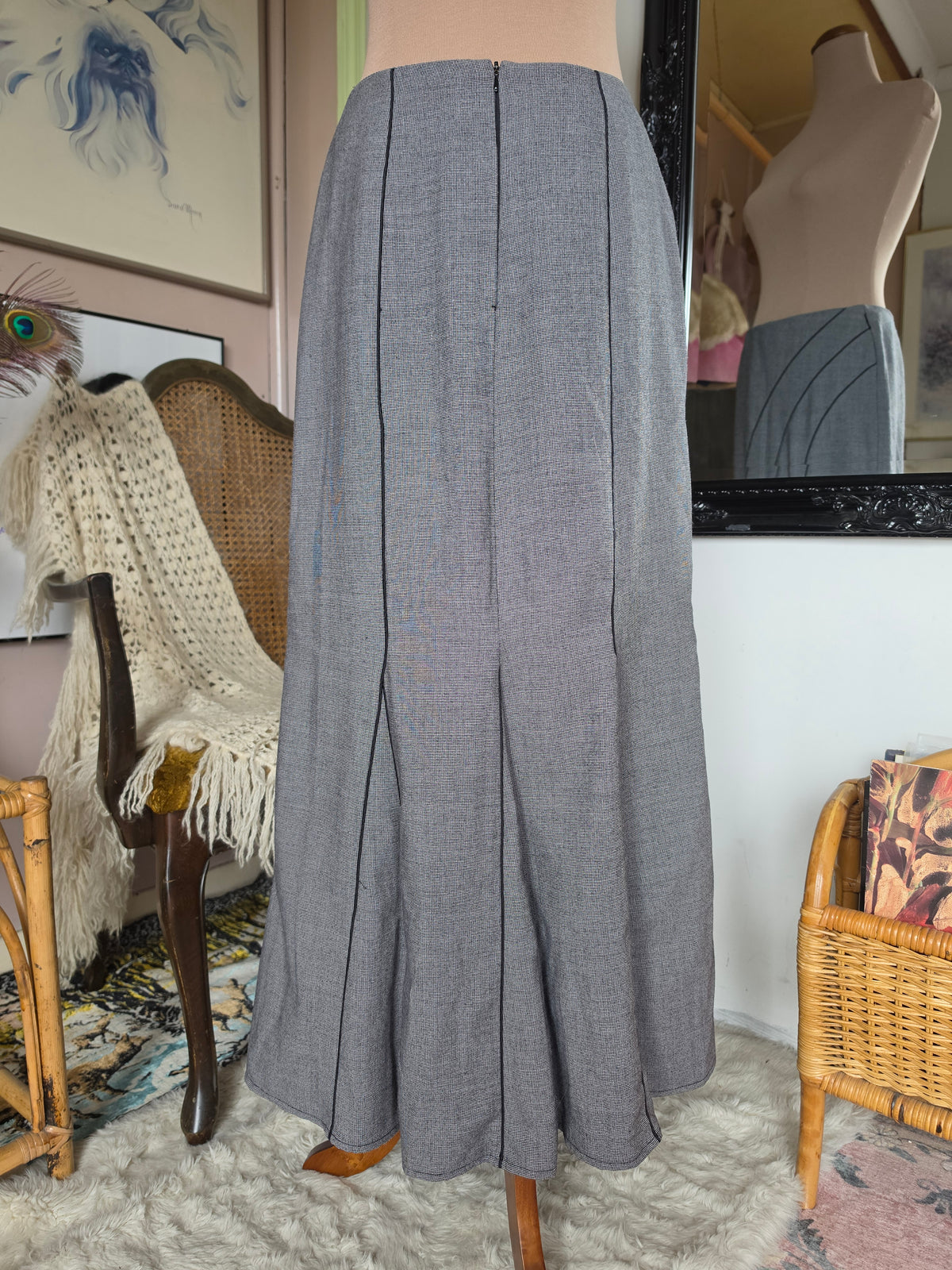 Vintage Y2K Staxs Drop Waist Pleated Midi Skirt with Asymmetrical Piping - size 8