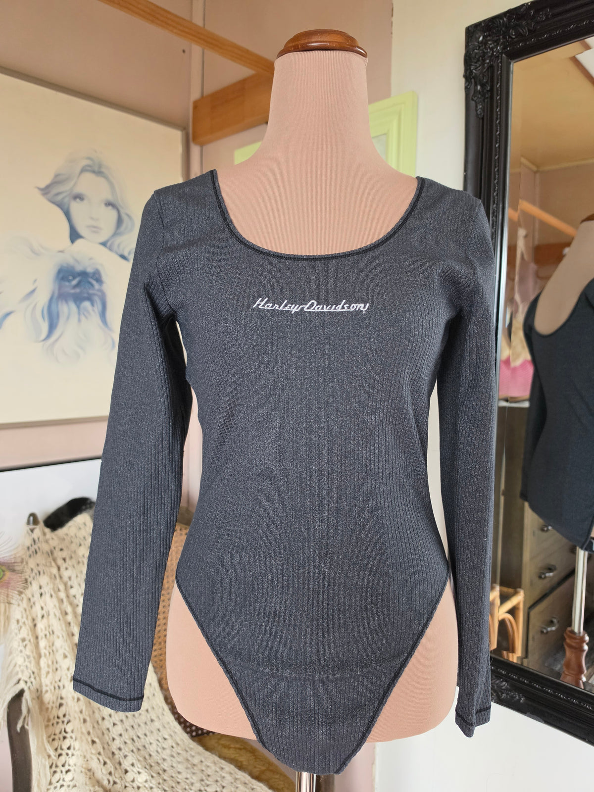 Vintage 1980s Harley Davidson Long Sleeve Charcoal Ribbed Bodysuit - size 8
