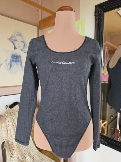 Vintage 1980s Harley Davidson Long Sleeve Charcoal Ribbed Bodysuit - size 8