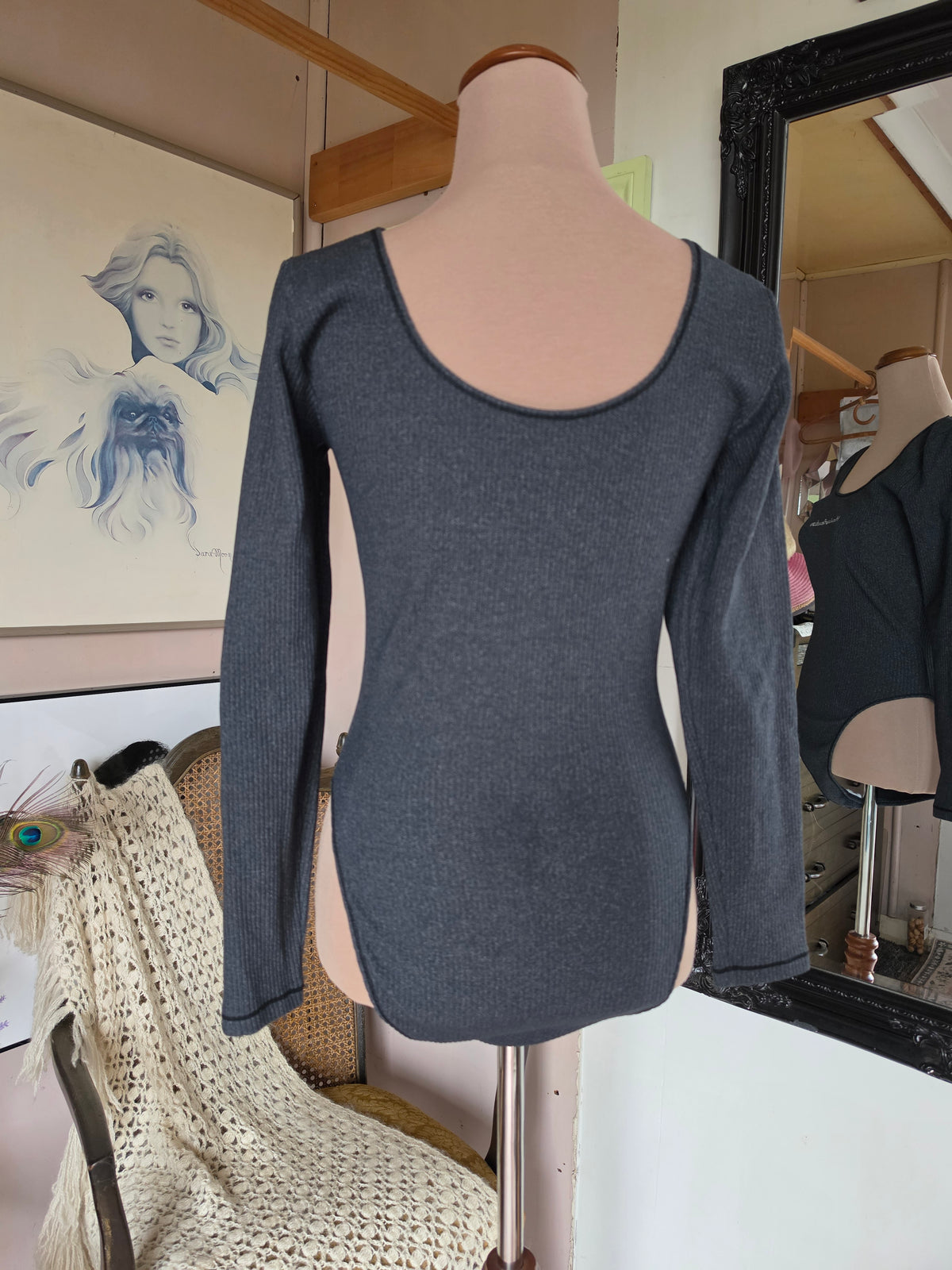 Vintage 1980s Harley Davidson Long Sleeve Charcoal Ribbed Bodysuit - size 8
