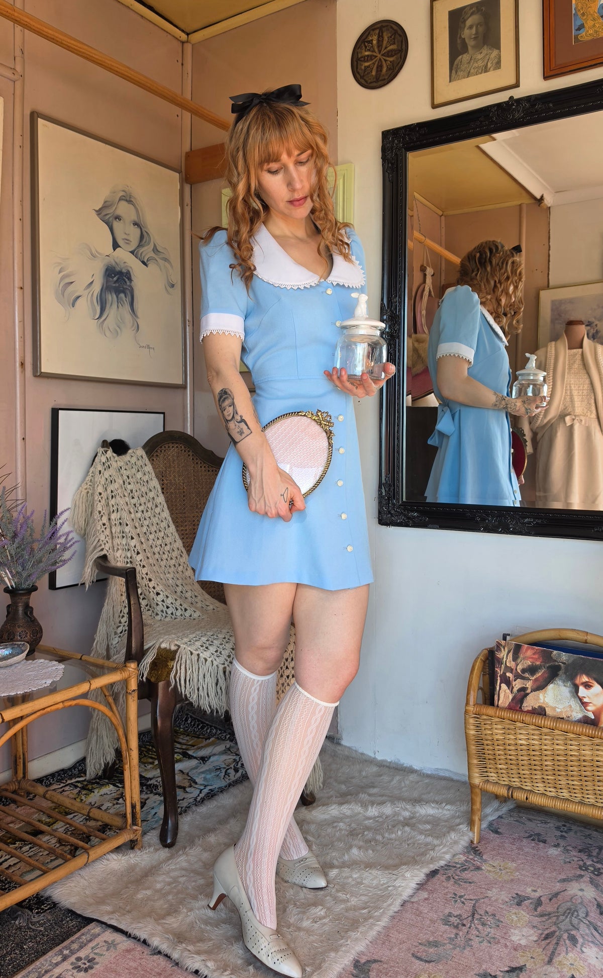 Vintage 1960s Top Gear Alice in Wonderland Powder Blue Babydoll Mini Dress - size 8