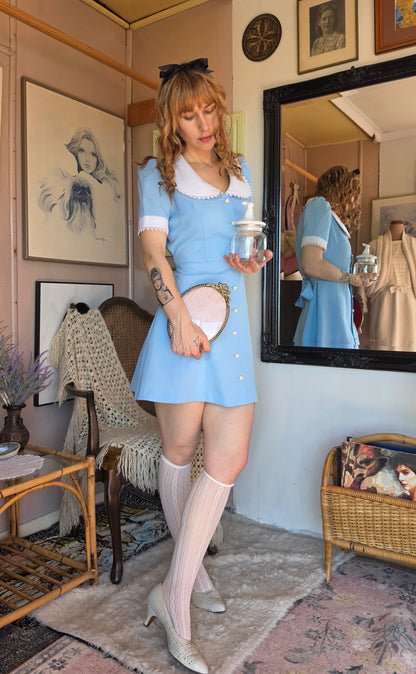 Vintage 1960s Top Gear Alice in Wonderland Powder Blue Babydoll Mini Dress - size 8