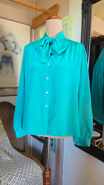 Vintage circa 1980s Frankie Emerald Jewel Pussybow Blouse - size 8-10