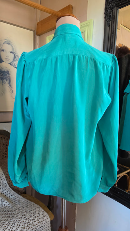 Vintage circa 1980s Frankie Emerald Jewel Pussybow Blouse - size 8-10