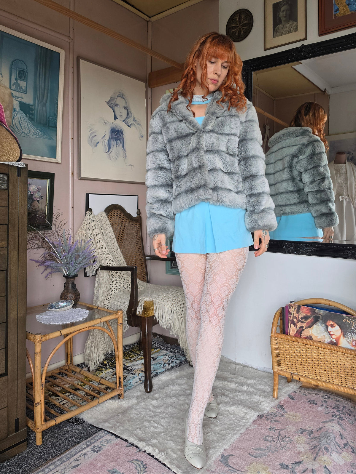 Vintage 1970s Hy Rose Grey & Steel Blue Faux Fur Coat - size 8-12