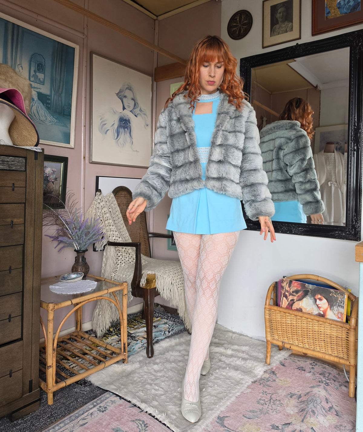 Vintage 1970s Hy Rose Grey & Steel Blue Faux Fur Coat - size 8-12