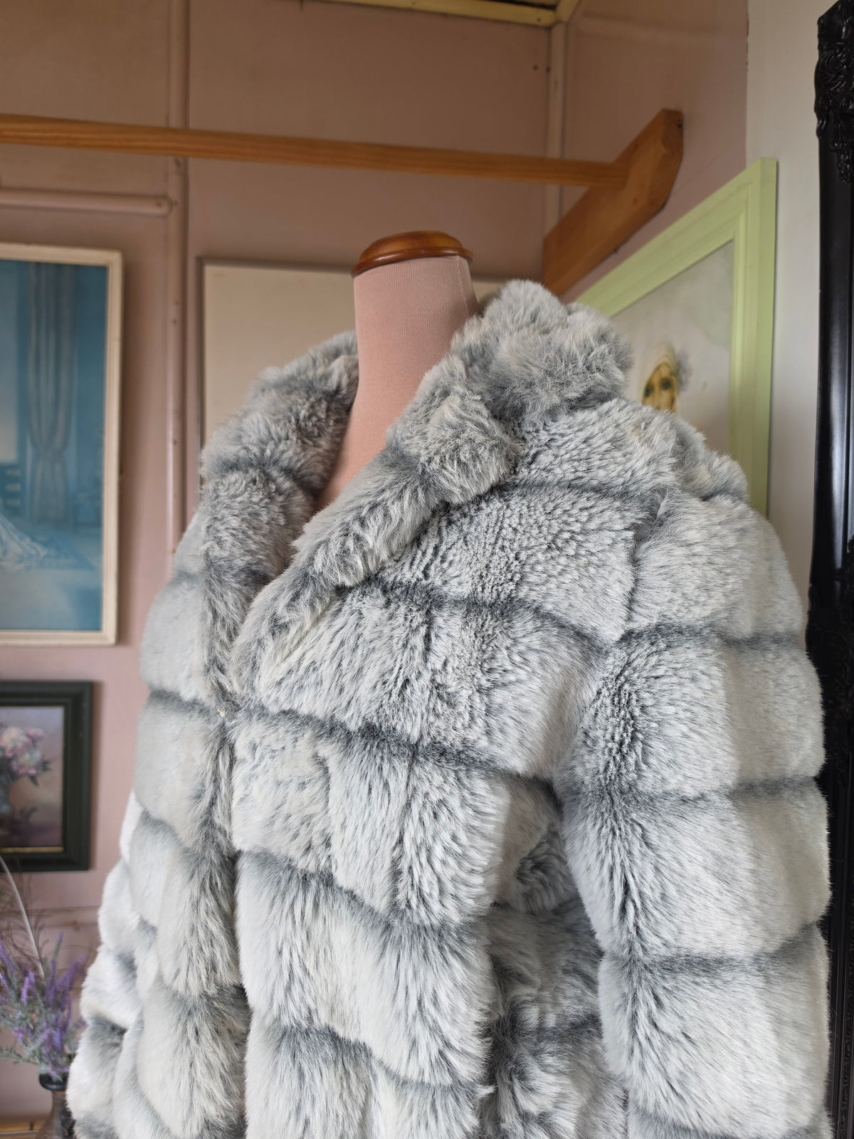 Vintage 1970s Hy Rose Grey & Steel Blue Faux Fur Coat - size 8-12