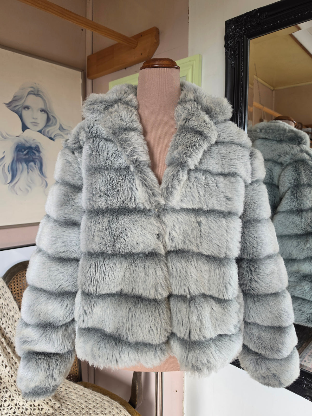 Vintage 1970s Hy Rose Grey & Steel Blue Faux Fur Coat - size 8-12