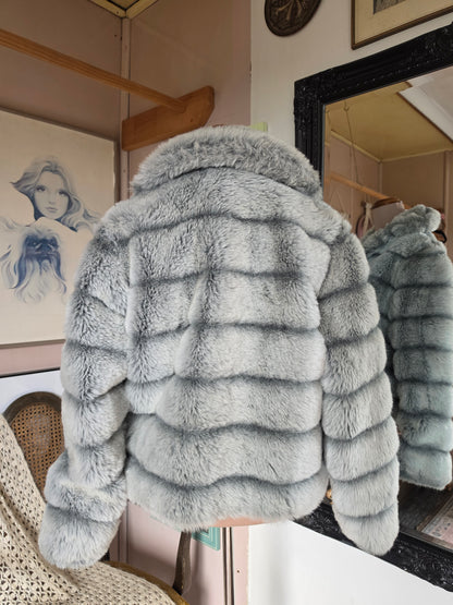Vintage 1970s Hy Rose Grey & Steel Blue Faux Fur Coat - size 8-12