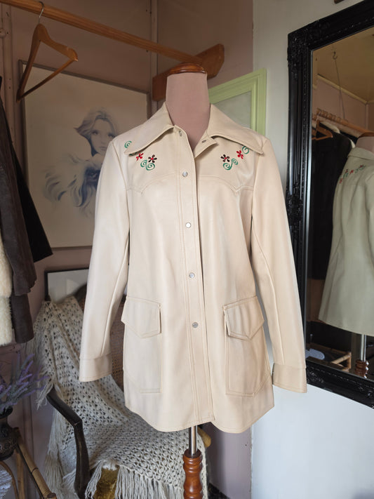 Vintage circa 1960s Stanley's Creation Cream PVC Jacket with Floral Embroidery - size 8-10