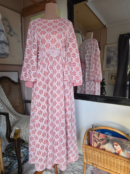 Vintage circa 1980s Dusky Pink Floral Midi Gown with Cape Sleeves - 8-10