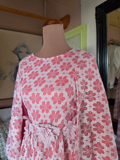 Vintage circa 1980s Dusky Pink Floral Midi Gown with Cape Sleeves - 8-10