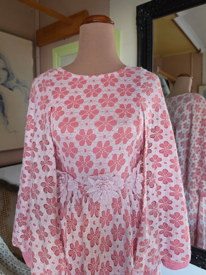 Vintage circa 1980s Dusky Pink Floral Midi Gown with Cape Sleeves - 8-10