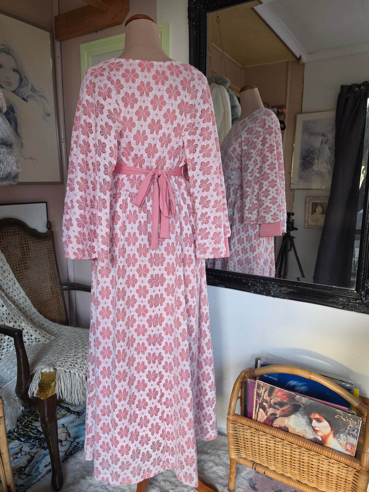 Vintage circa 1980s Dusky Pink Floral Midi Gown with Cape Sleeves - 8-10