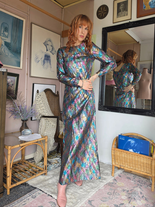 Vintage circa 1960s Styled By Lorna Cooper For Selby Rainbow Metallic Brocade Gown - size 8-12