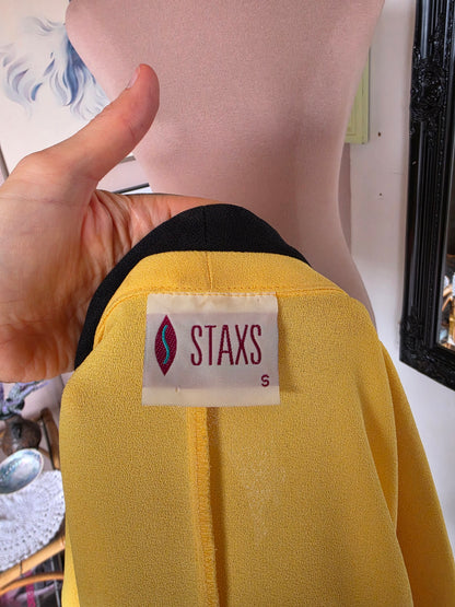 Vintage circa 1980s Staxs Neon Lemon Colour Block Top - size 8-10
