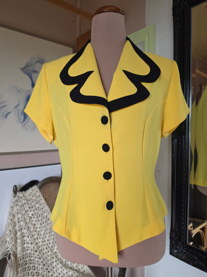 Vintage circa 1980s Staxs Neon Lemon Colour Block Top - size 8-10