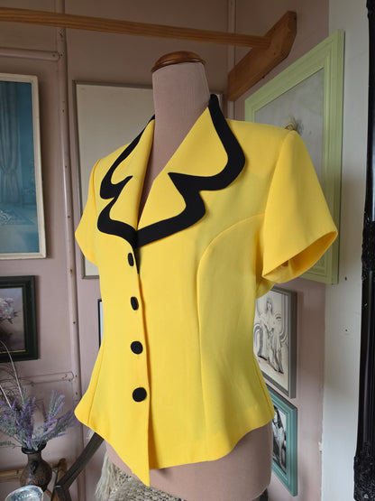 Vintage circa 1980s Staxs Neon Lemon Colour Block Top - size 8-10