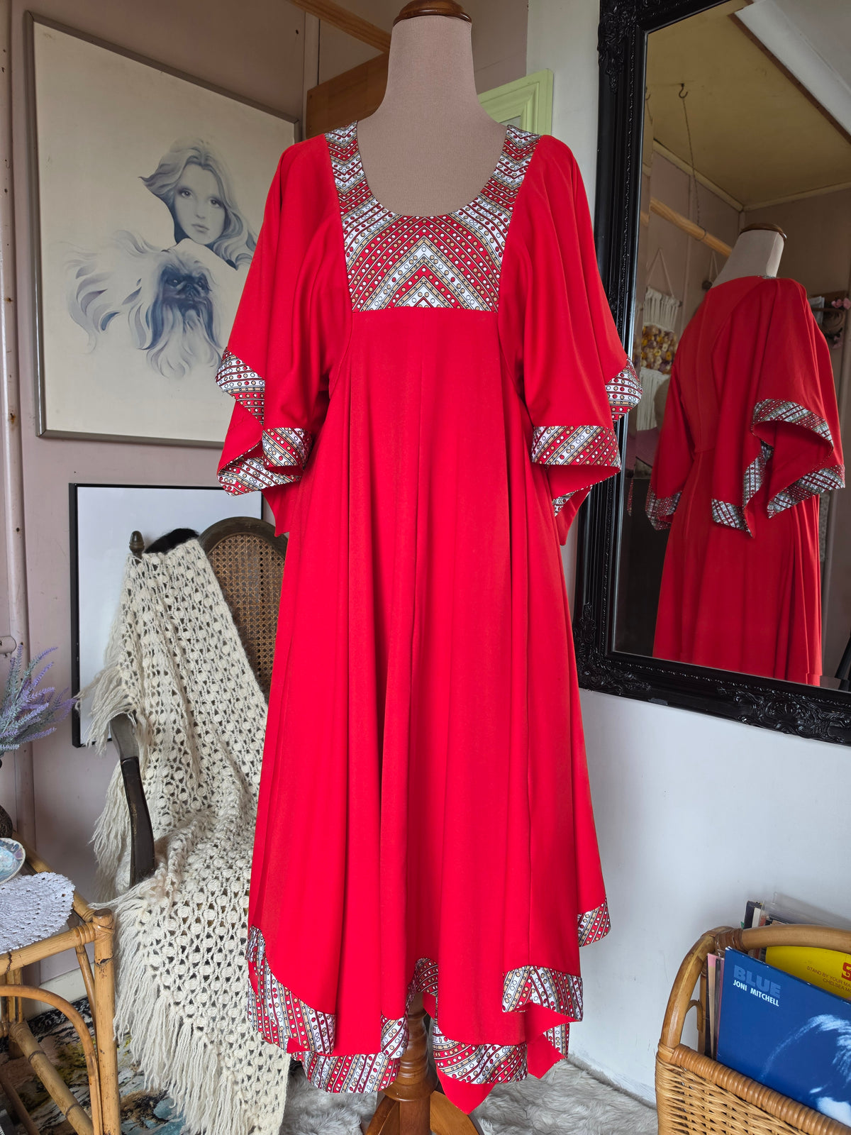 Vintage 1970s Cherry Red Gown with Flutter Sleeves & Hanky Hem - size 8-10