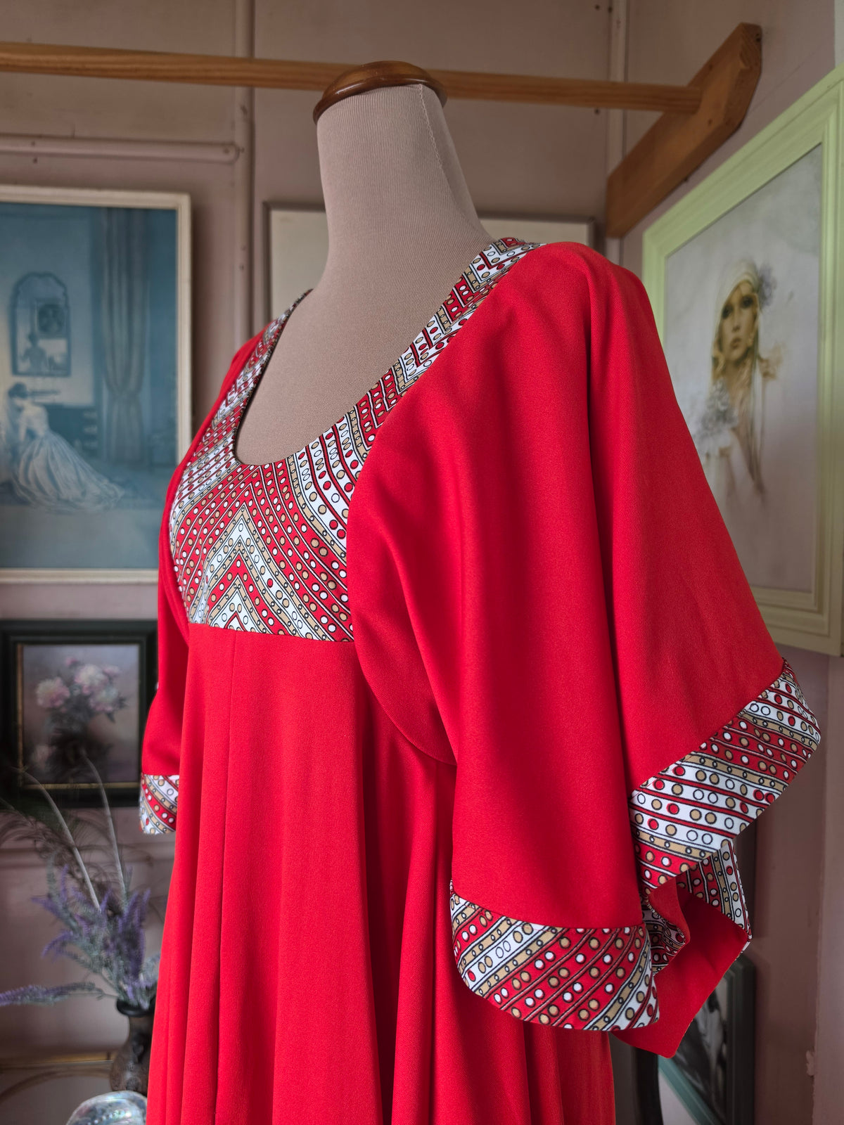 Vintage 1970s Cherry Red Gown with Flutter Sleeves & Hanky Hem - size 8-10