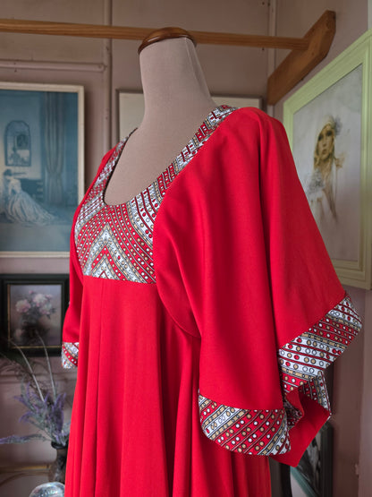 Vintage 1970s Cherry Red Gown with Flutter Sleeves & Hanky Hem - size 8-10