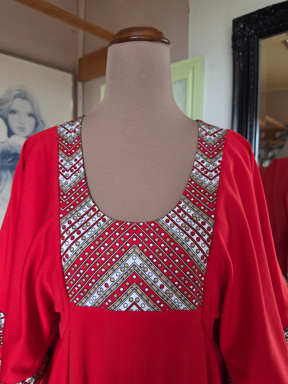 Vintage 1970s Cherry Red Gown with Flutter Sleeves & Hanky Hem - size 8-10