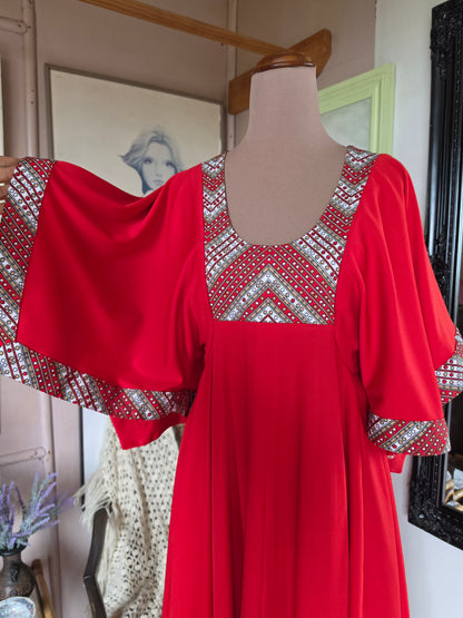 Vintage 1970s Cherry Red Gown with Flutter Sleeves & Hanky Hem - size 8-10