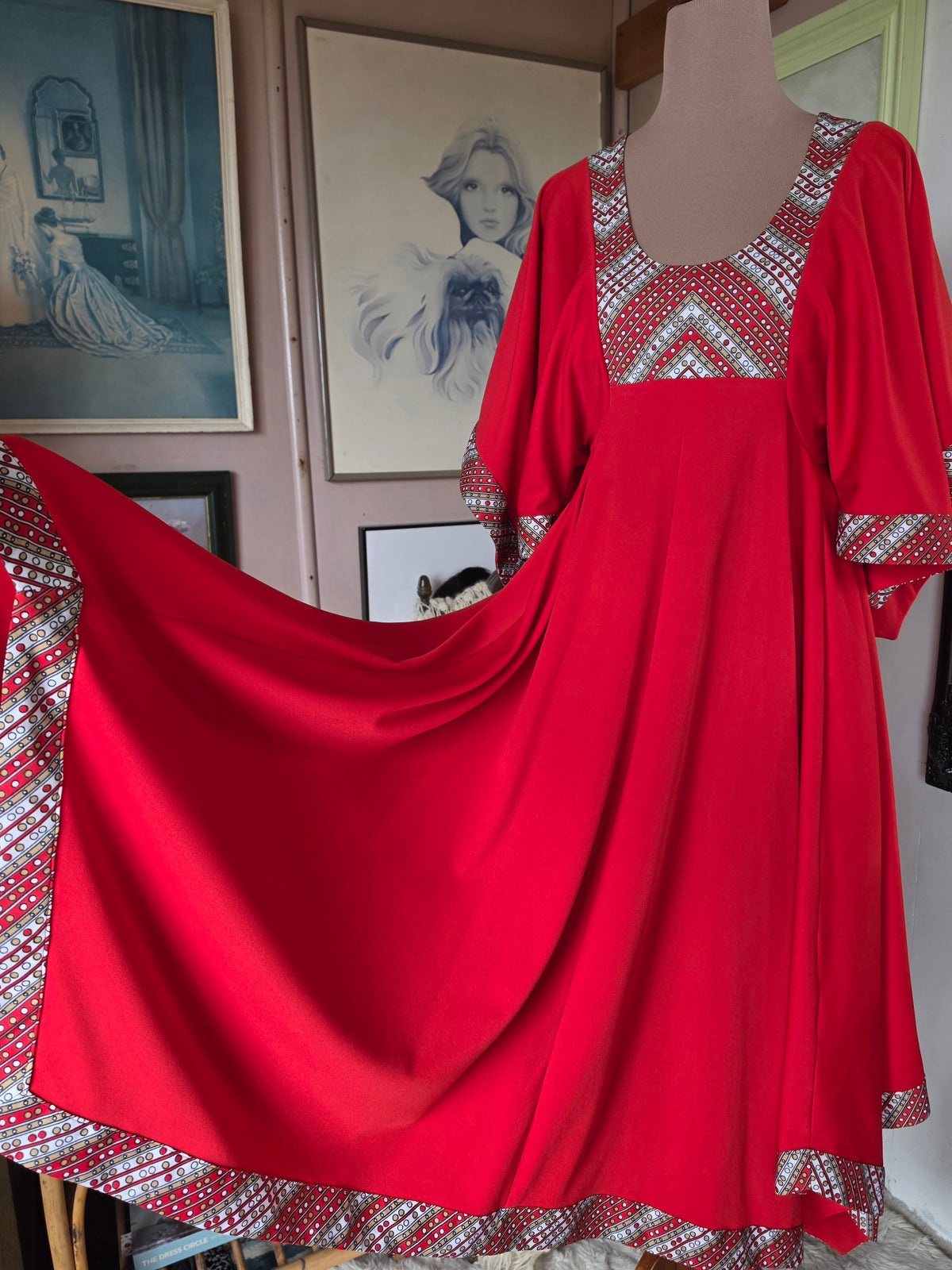 Vintage 1970s Cherry Red Gown with Flutter Sleeves & Hanky Hem - size 8-10