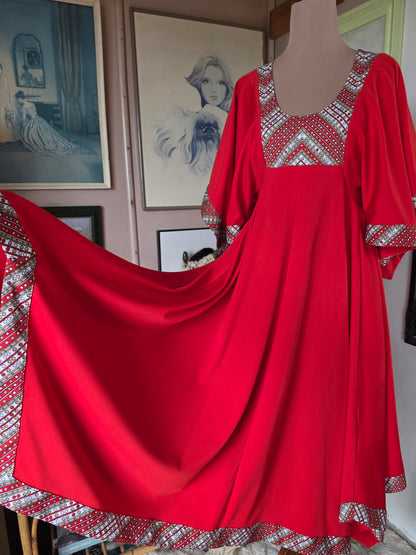 Vintage 1970s Cherry Red Gown with Flutter Sleeves & Hanky Hem - size 8-10