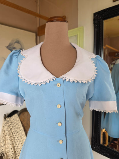 Vintage 1960s Top Gear Alice in Wonderland Powder Blue Babydoll Mini Dress - size 8