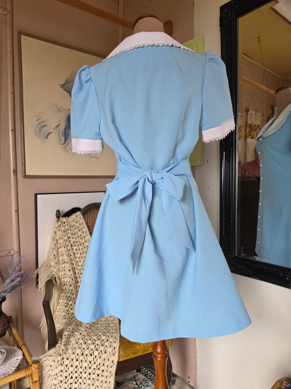 Vintage 1960s Top Gear Alice in Wonderland Powder Blue Babydoll Mini Dress - size 8